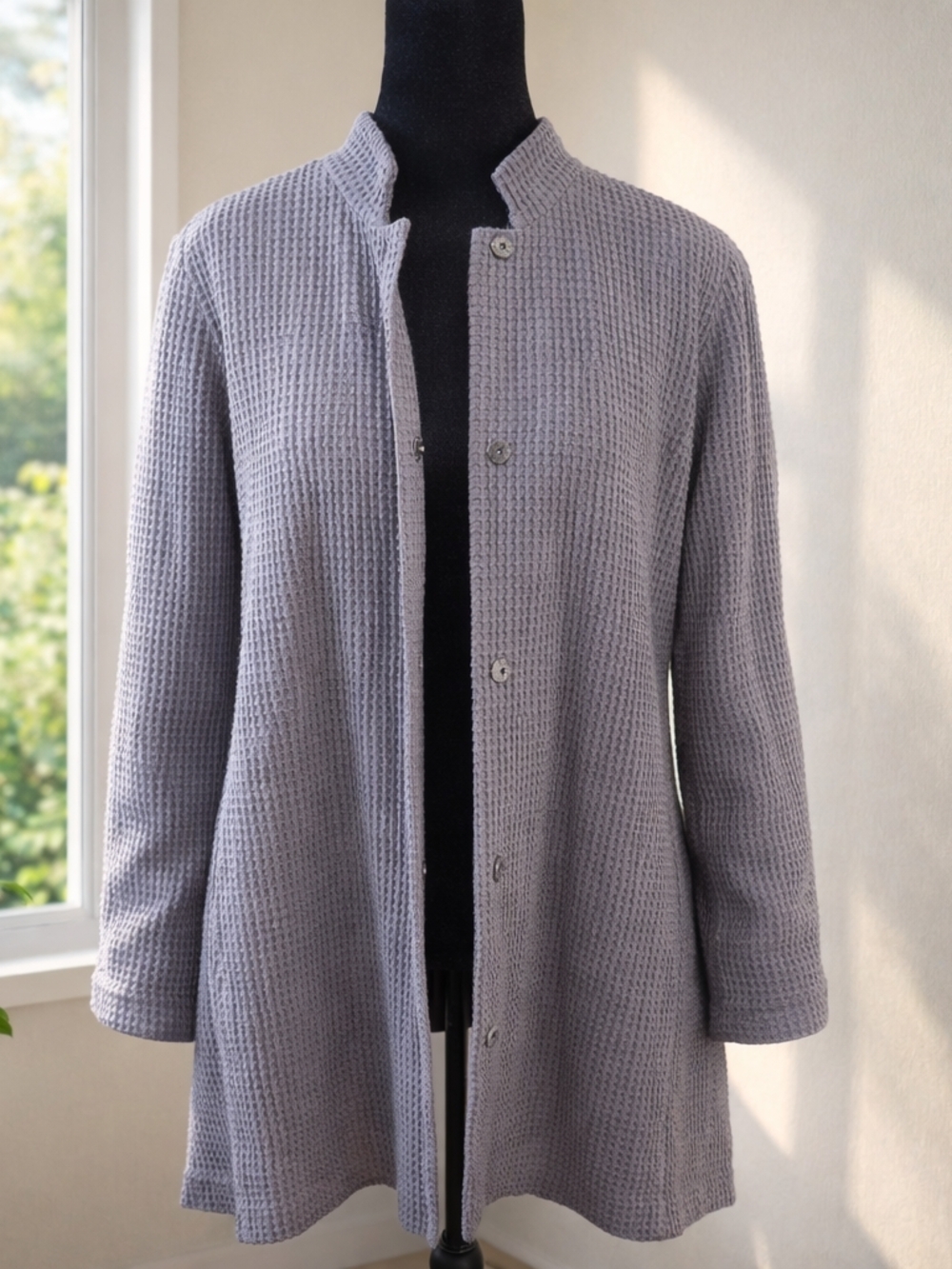 Eileen Fisher Waffle Knit Cardigan L Organic Cotton Gray Purple Italian Fabric